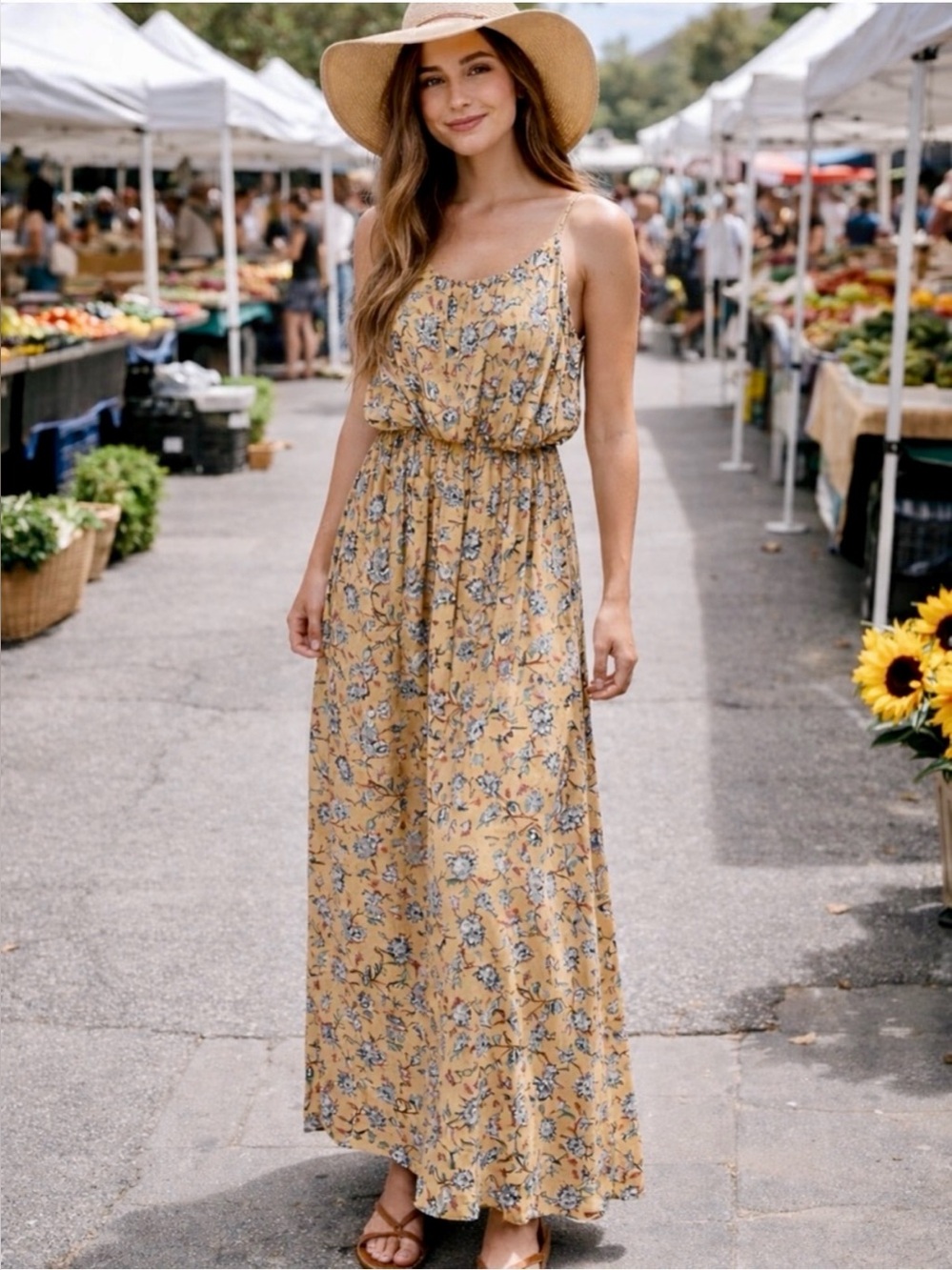 Love Ryan Floral Spaghetti-Strap Maxi Dress in Mustard yellow floral, sz Medium